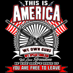 "THIS IS AMERICA, WE OWN GUNS, WE SPEAK ENGLISH, WE LOVE FREEDOM. IF YOU DON"T LIKE YOU ARE FREE TO LEAVE"